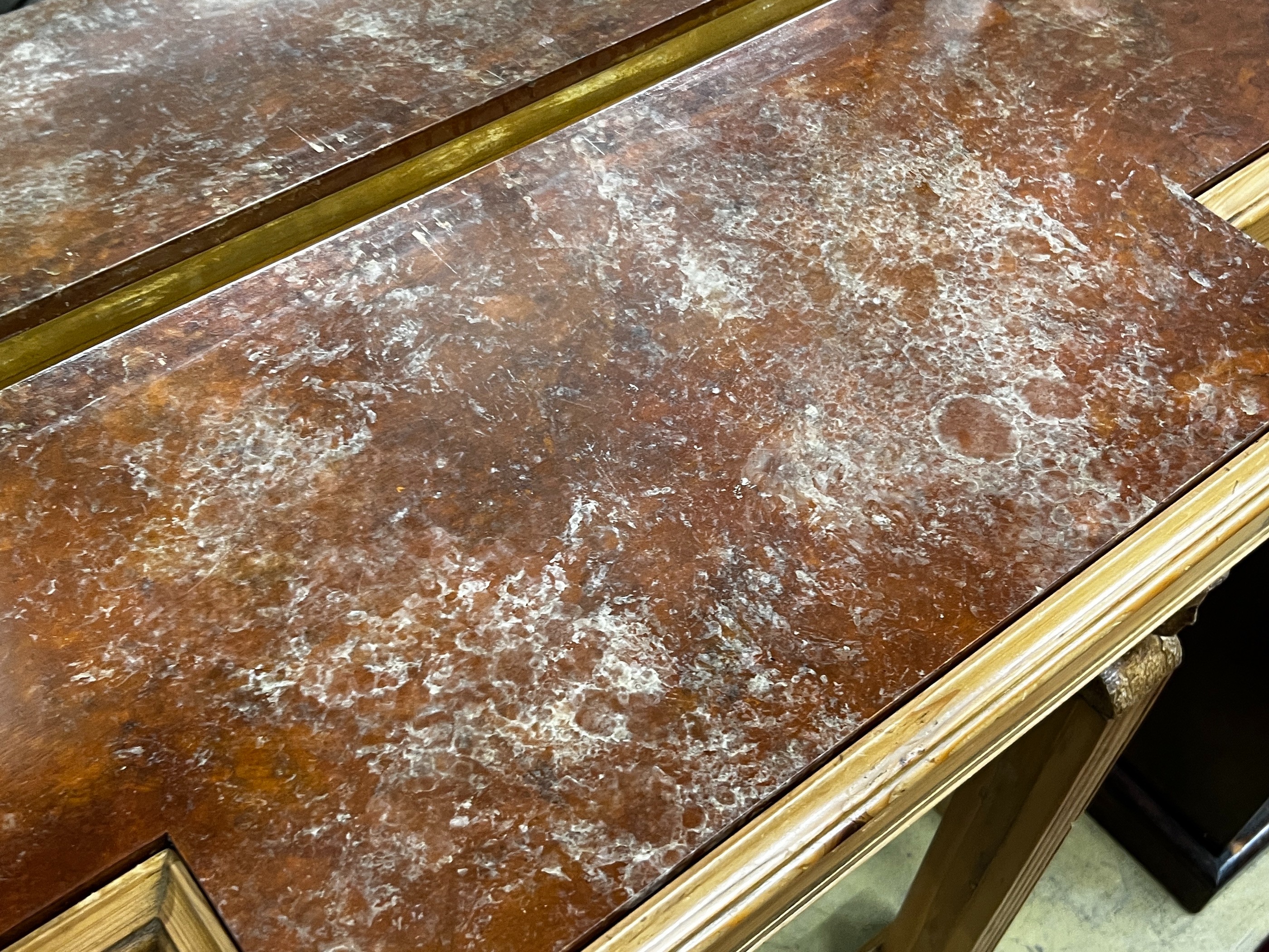 An Adam style pale pine marble topped breakfront mirrored back console table, width 110cm, depth 36cm, height 232cm